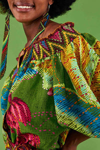 Robe midi Banana Leaves à épaules dénudées en lin - Vert
