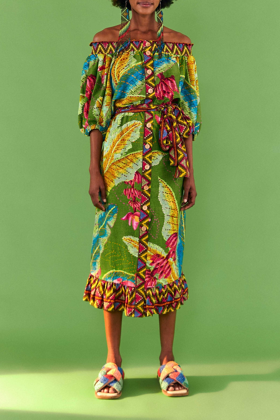 Robe midi Banana Leaves à épaules dénudées en lin - Vert