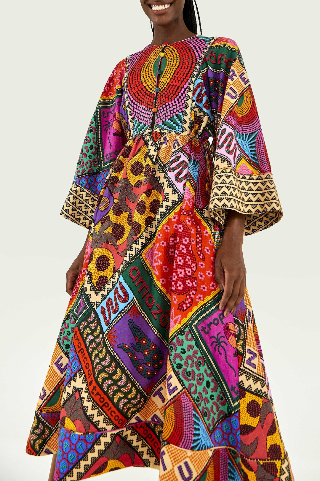 Robe midi Dotted Patch Scarf en lin - Multicolore
