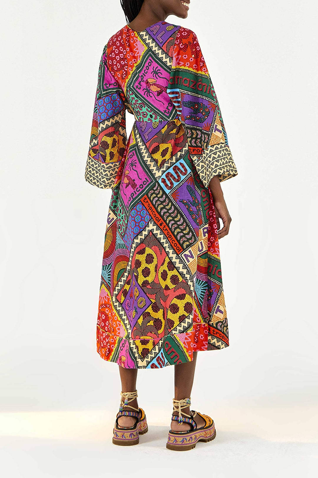Robe midi Dotted Patch Scarf en lin - Multicolore