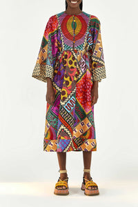Robe midi Dotted Patch Scarf en lin - Multicolore