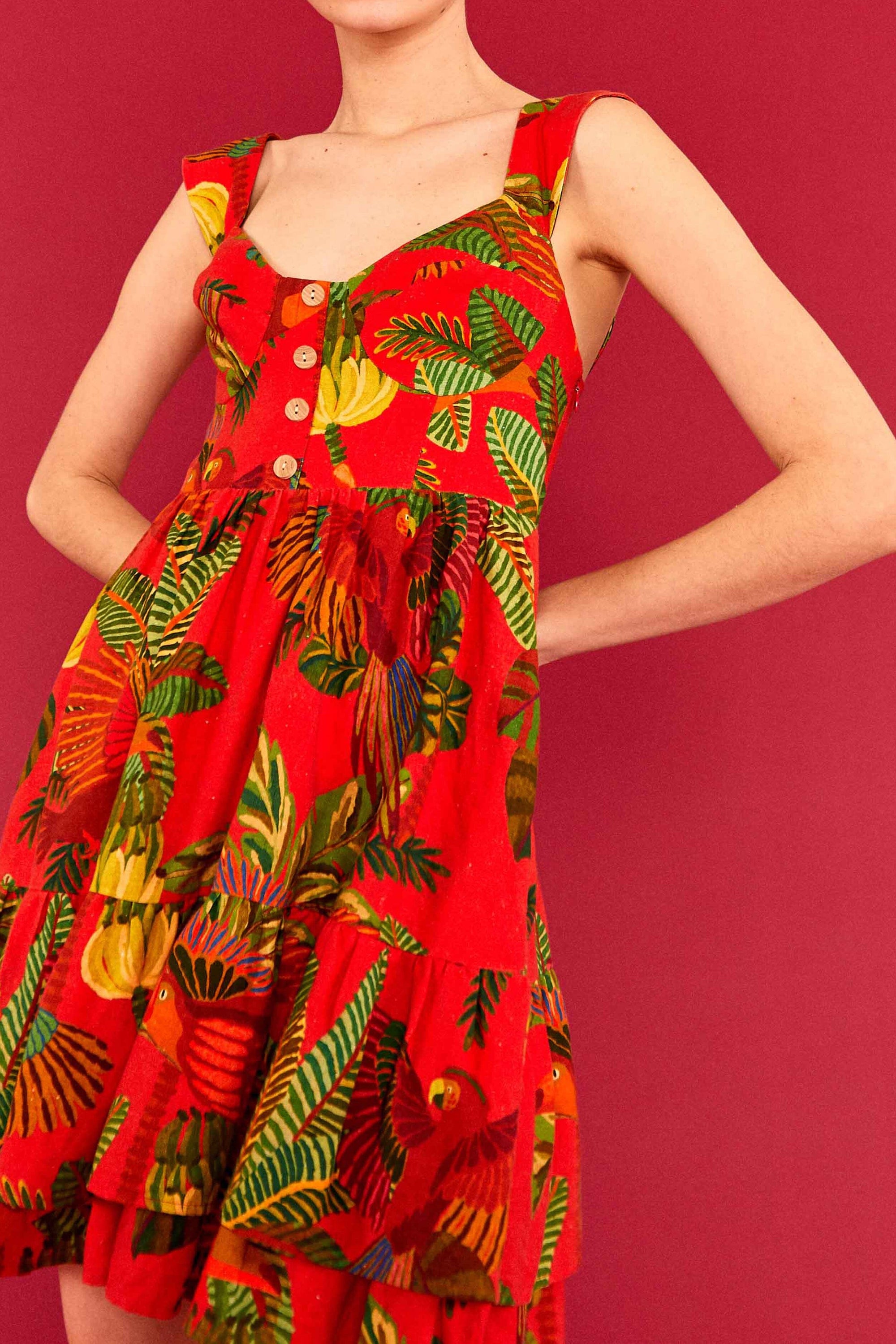 Robe courte Forest Birds en lin - Rouge