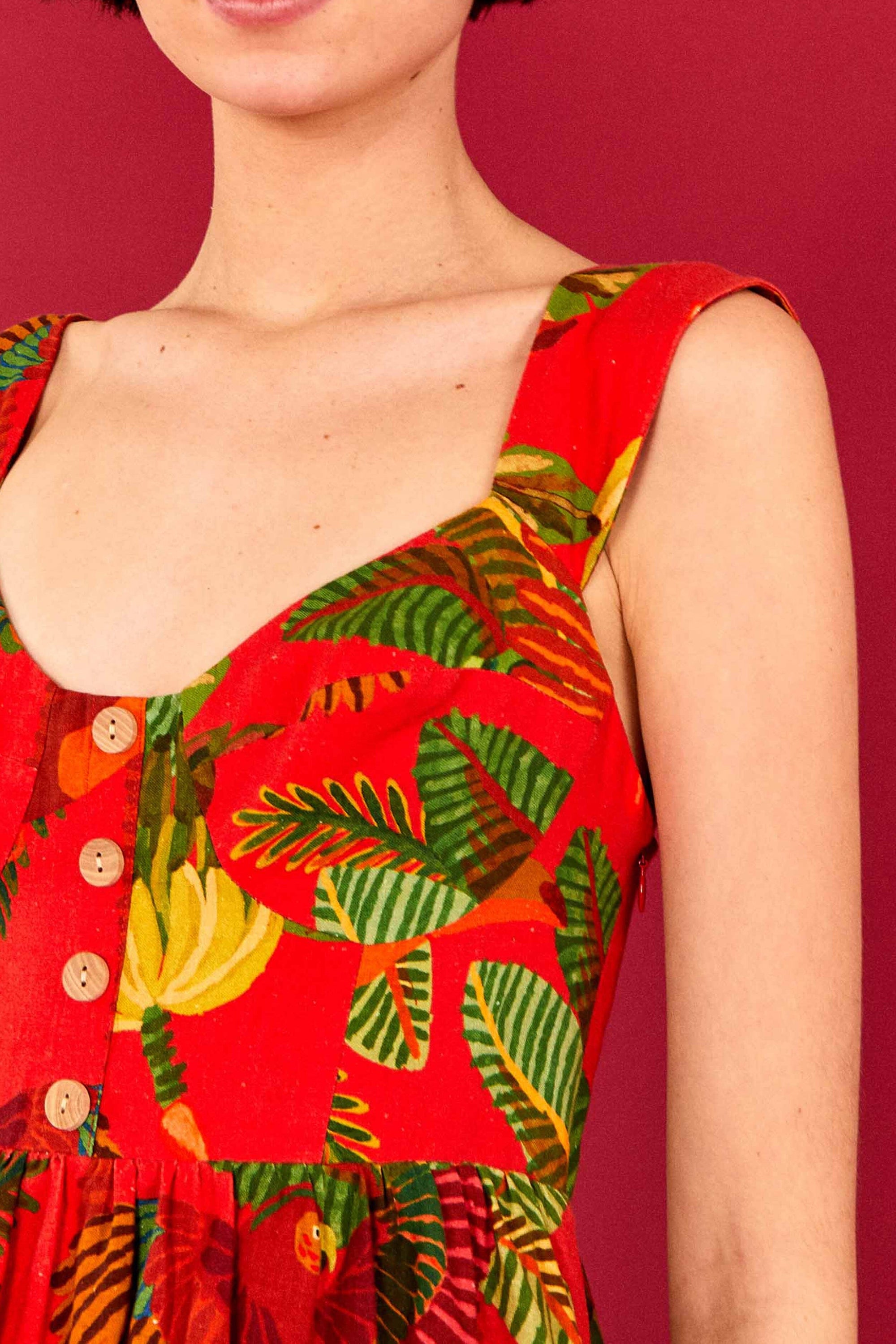 Robe courte Forest Birds en lin - Rouge
