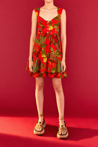 Robe courte Forest Birds en lin - Rouge