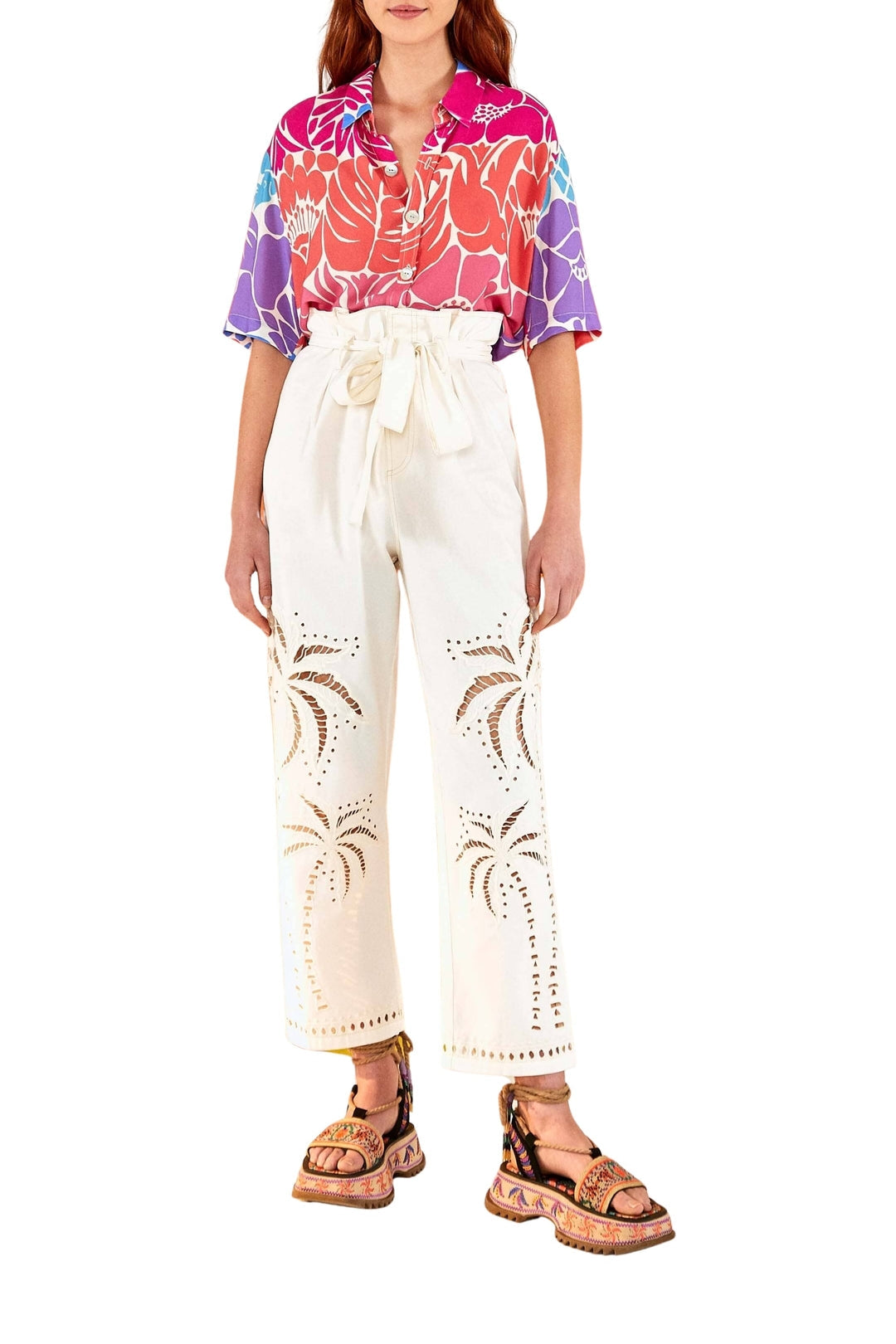 Pantalon brodé Palmiers en coton - Blanc