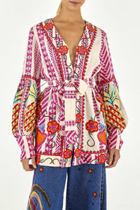 Kimono brodé en jacquard en coton - Rose