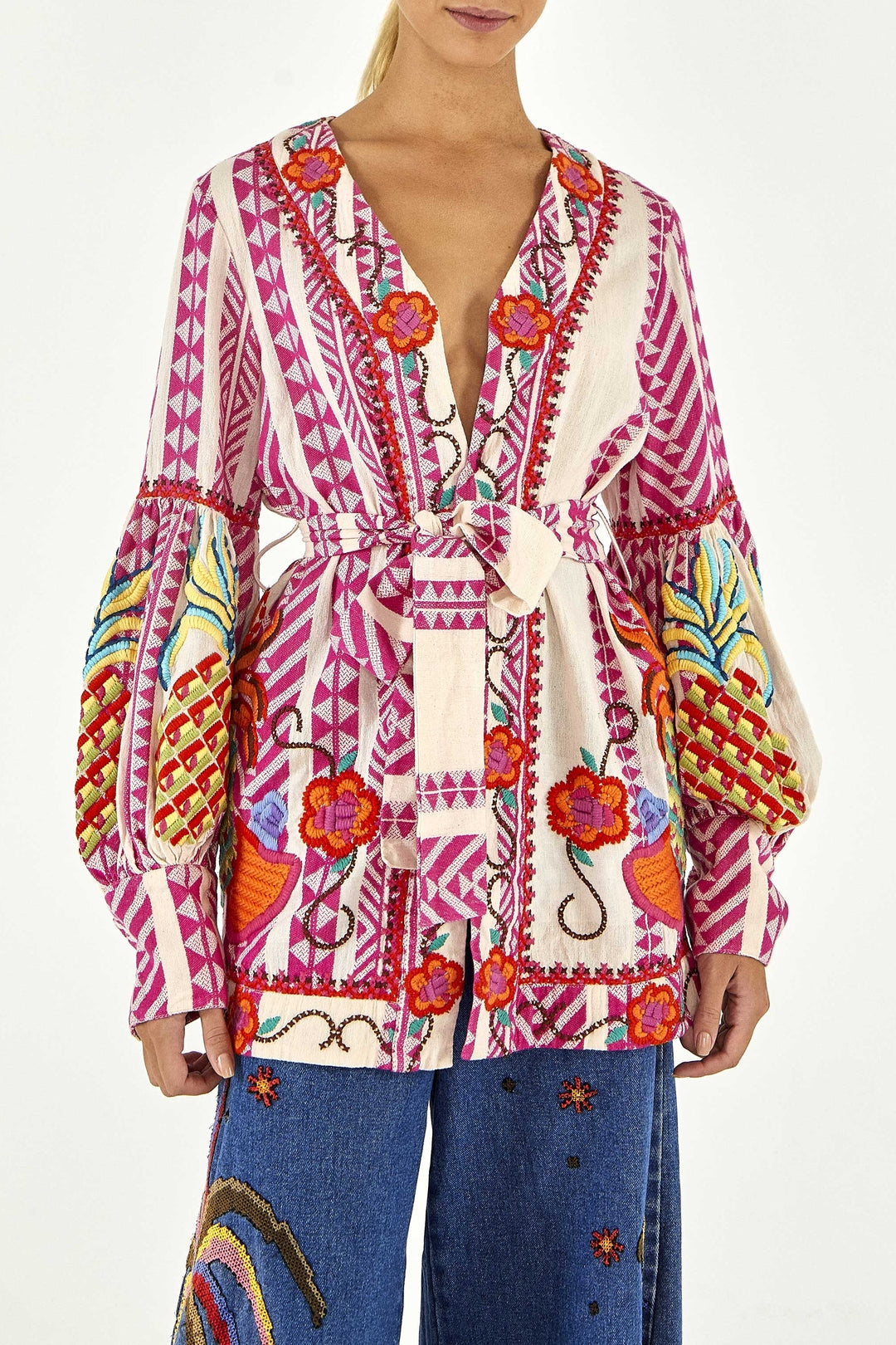 Kimono brodé en jacquard en coton - Rose