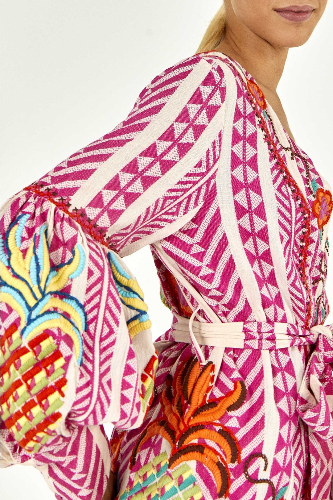 Kimono brodé en jacquard en coton - Rose
