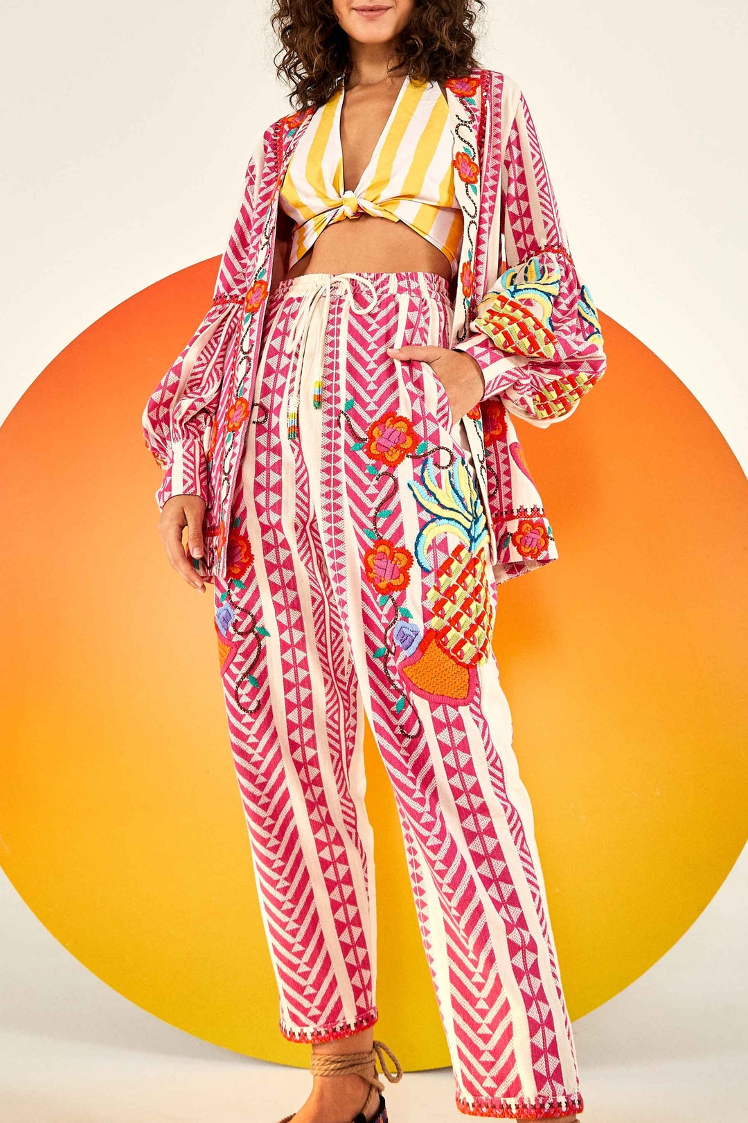 Pantalon brodé en jacquard en coton - Rose