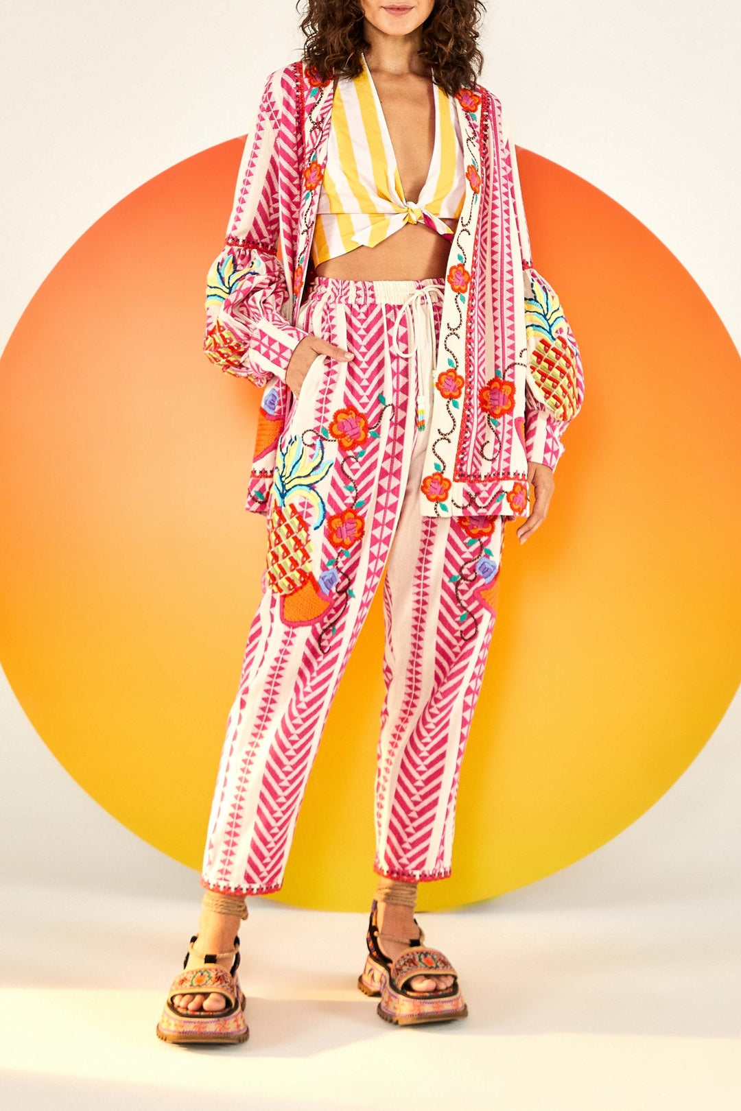 Pantalon brodé en jacquard en coton - Rose