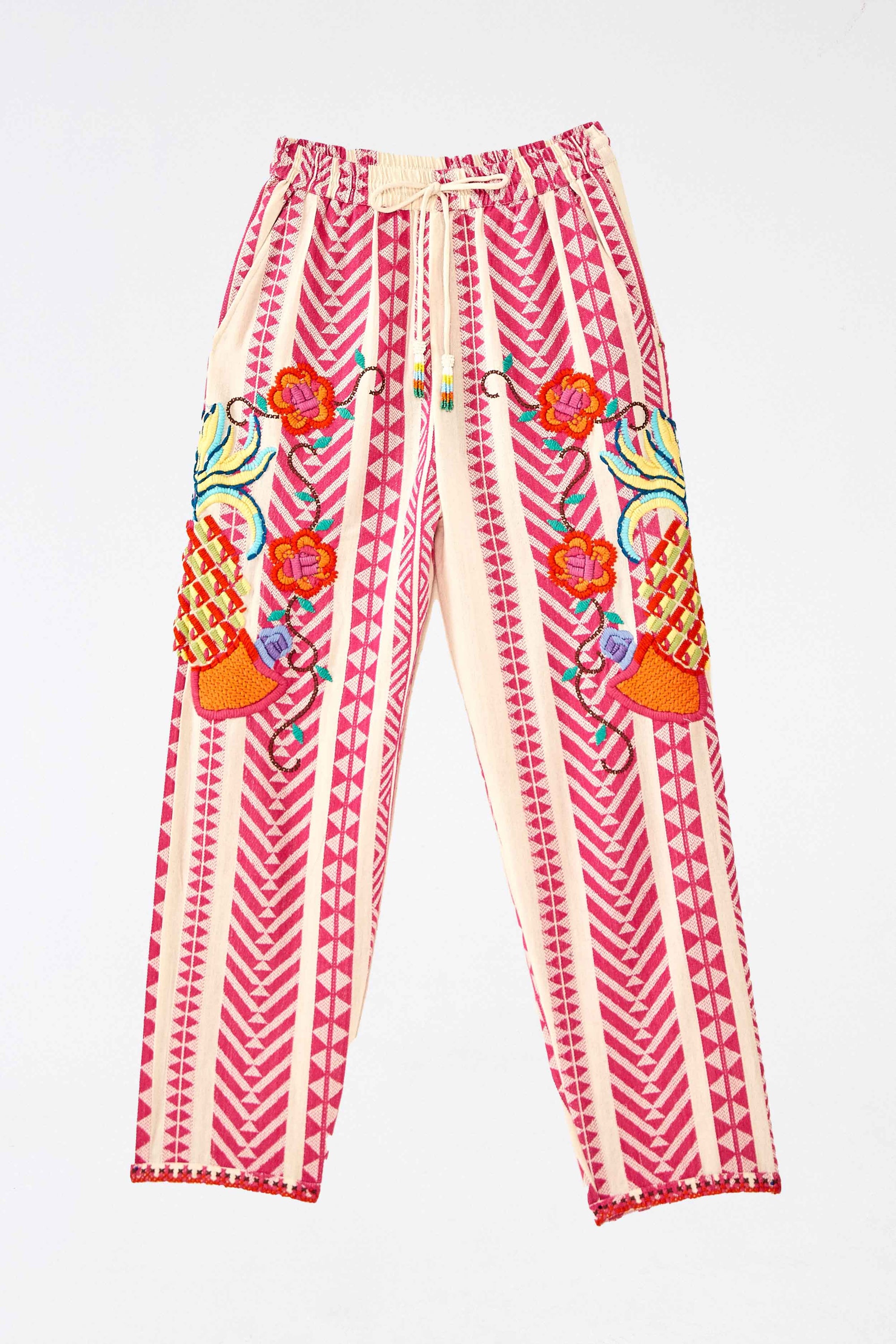 Pantalon brodé en jacquard en coton - Rose