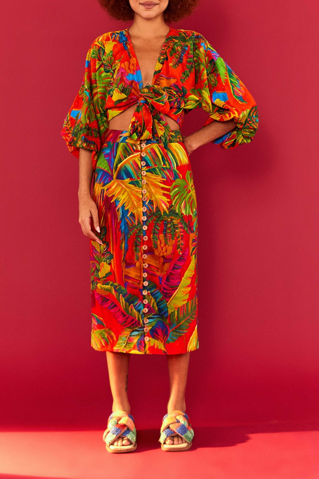 Jupe midi Urban Jungle en lin - Multicolore