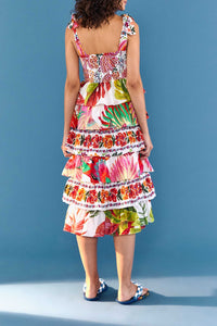 Robe midi superposée à imprimés en coton - Rose