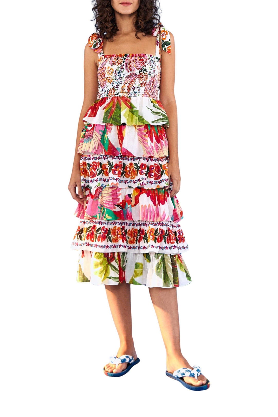 Robe midi superposée à imprimés en coton - Rose