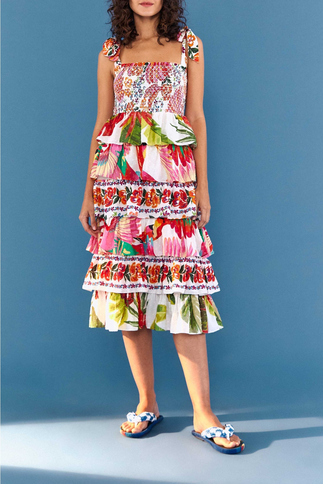 Robe midi superposée à imprimés en coton - Rose