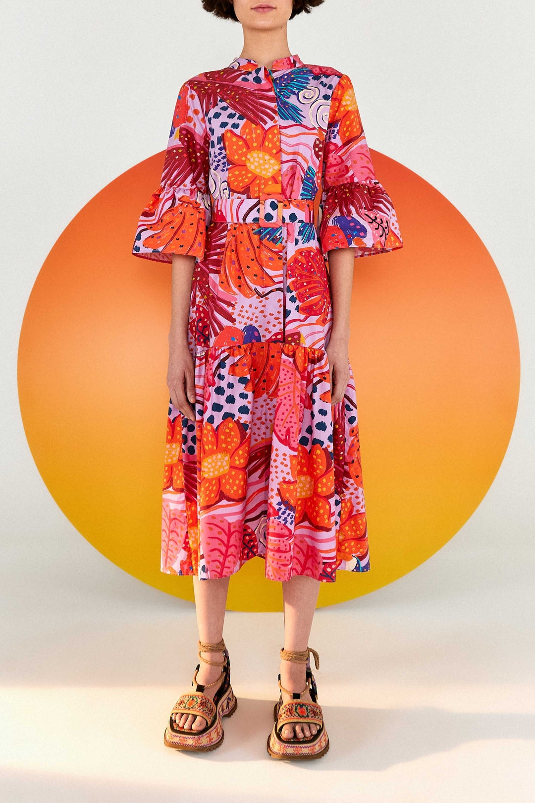 Robe midi Colorful Party en coton - Rose
