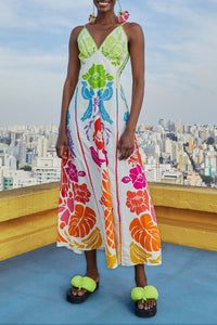 Robe longue Tropicale à motifs en lin - Multicolore