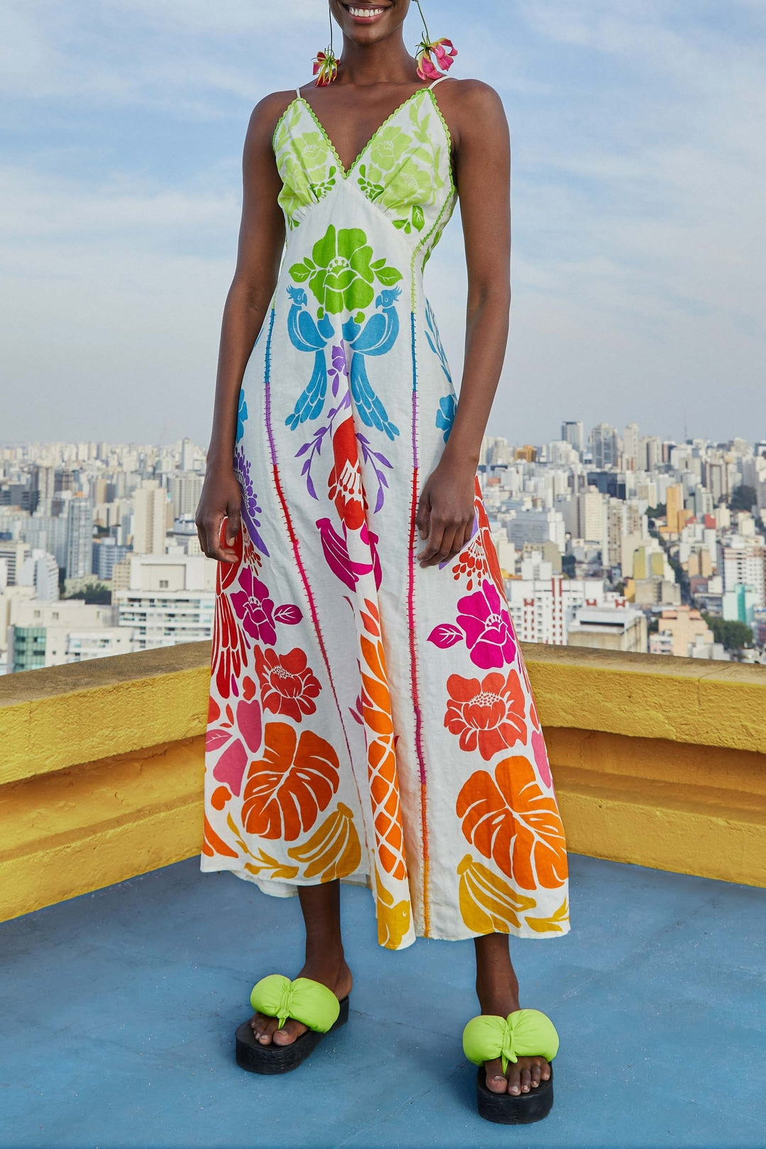Robe longue Tropicale à motifs en lin - Multicolore