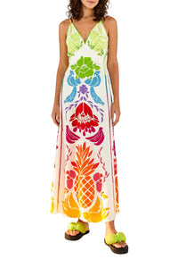 Robe longue Tropicale à motifs en lin - Multicolore