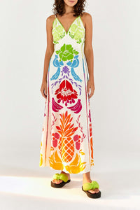 Robe longue Tropicale à motifs en lin - Multicolore