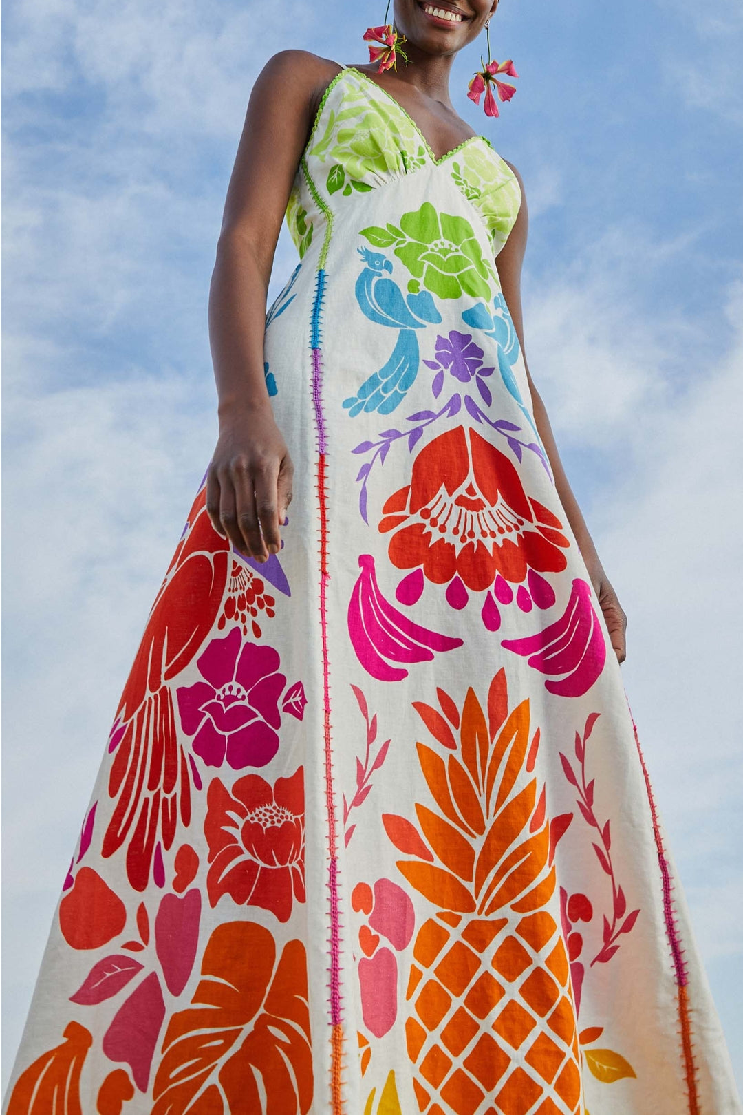 Robe longue Tropicale à motifs en lin - Multicolore