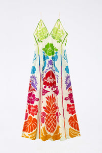 Robe longue Tropicale à motifs en lin - Multicolore