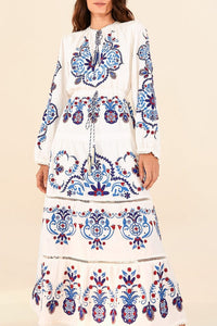 Robe longue brodée en lin - Blanc
