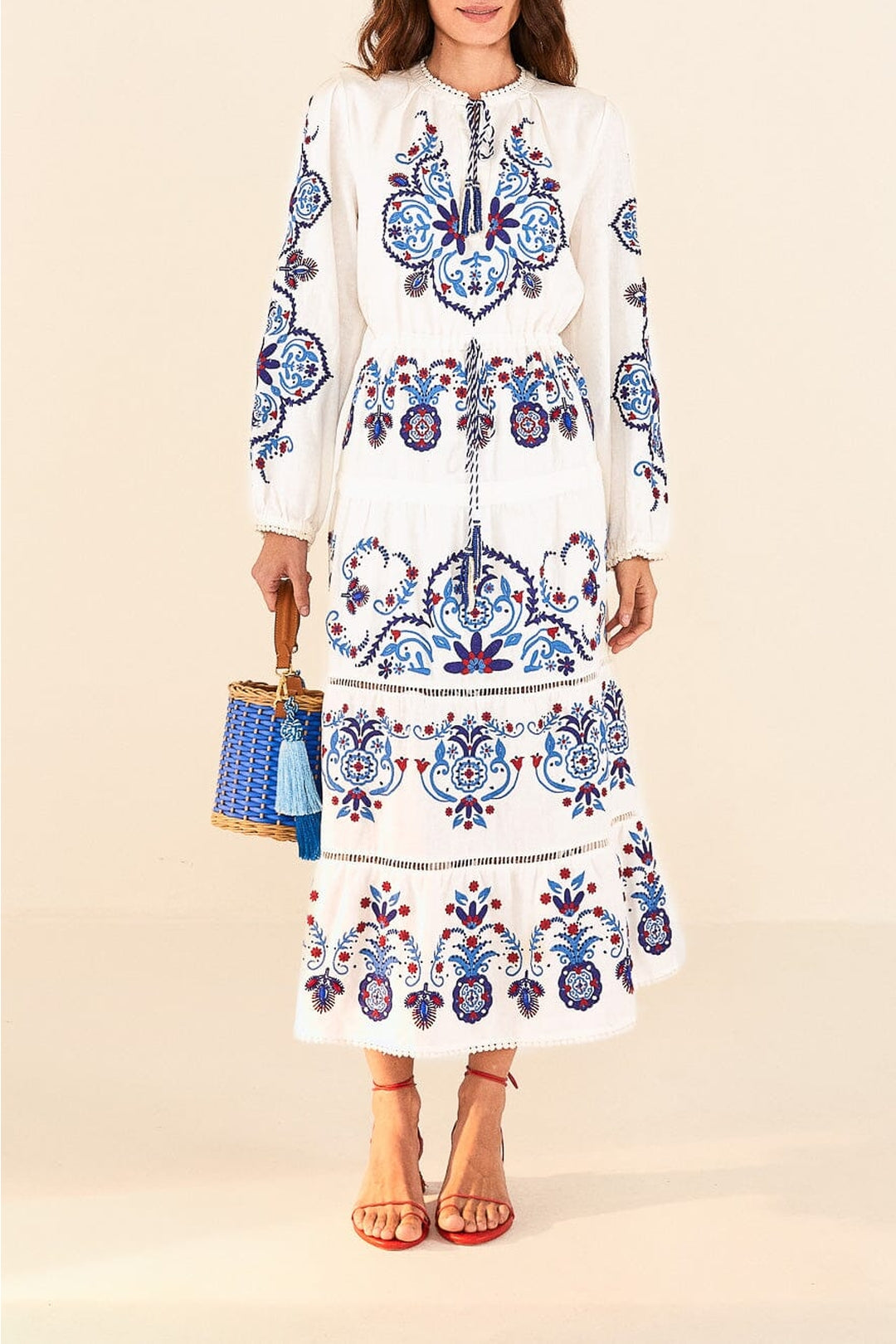 Robe longue brodée en lin - Blanc
