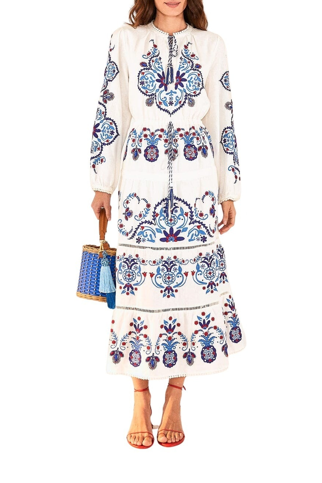 Robe longue brodée en lin - Blanc