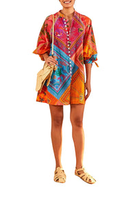 Robe courte boutonnée à manches bouffantes en coton - Multicolore