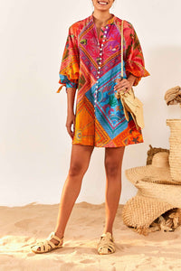 Robe courte boutonnée à manches bouffantes en coton - Multicolore