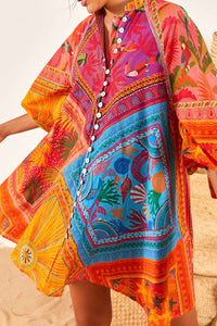 Robe courte boutonnée à manches bouffantes en coton - Multicolore