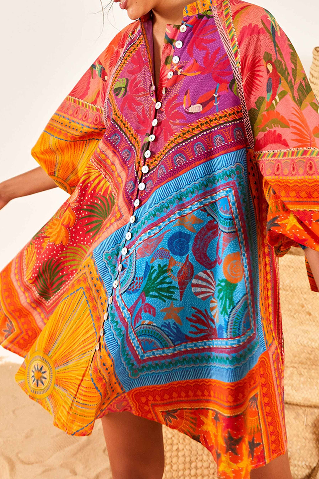 Robe courte boutonnée à manches bouffantes en coton - Multicolore