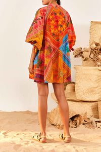 Robe courte boutonnée à manches bouffantes en coton - Multicolore