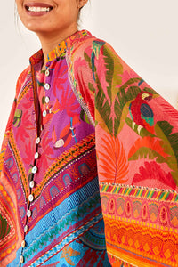Robe courte boutonnée à manches bouffantes en coton - Multicolore