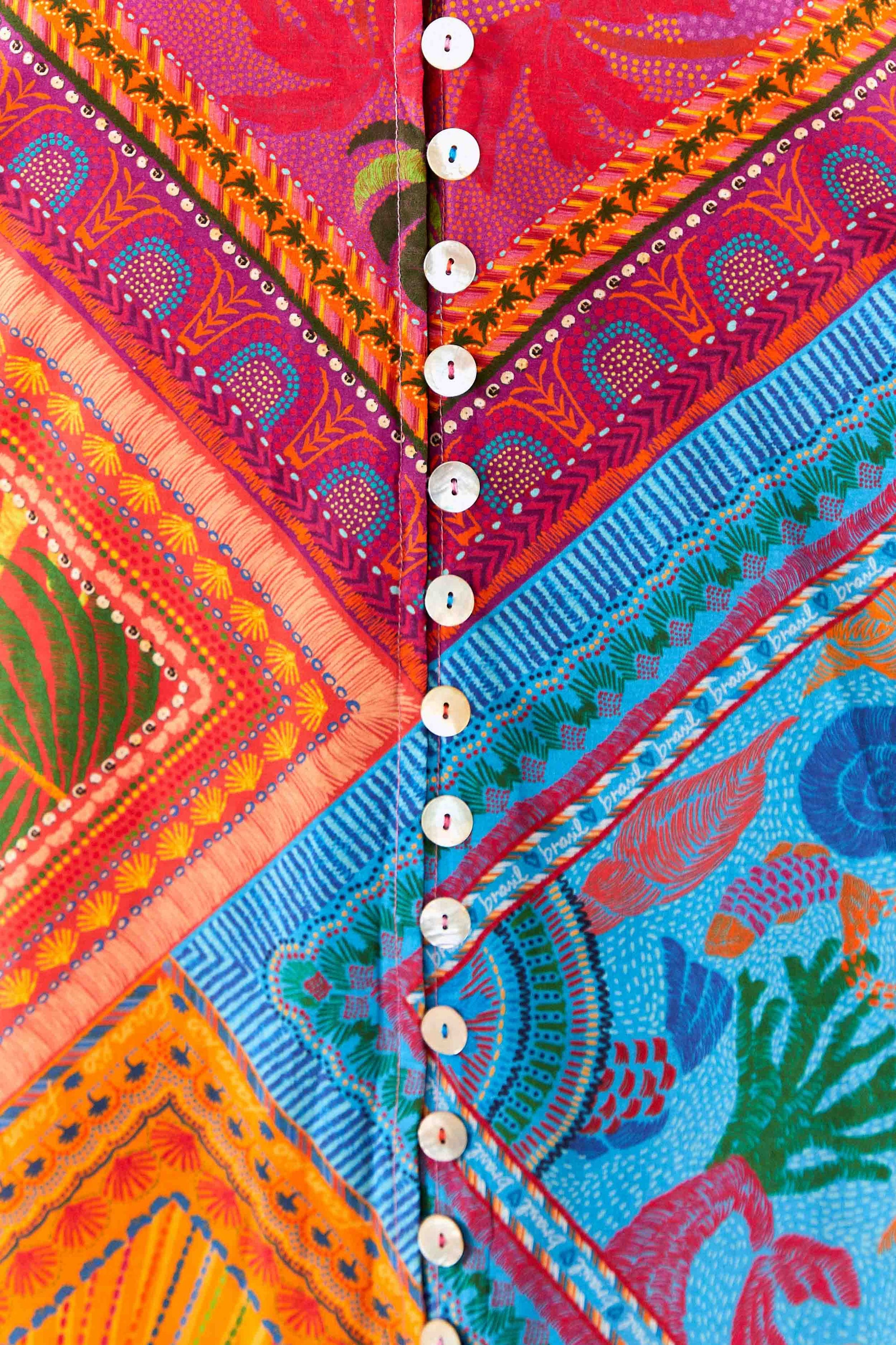 Robe courte boutonnée à manches bouffantes en coton - Multicolore