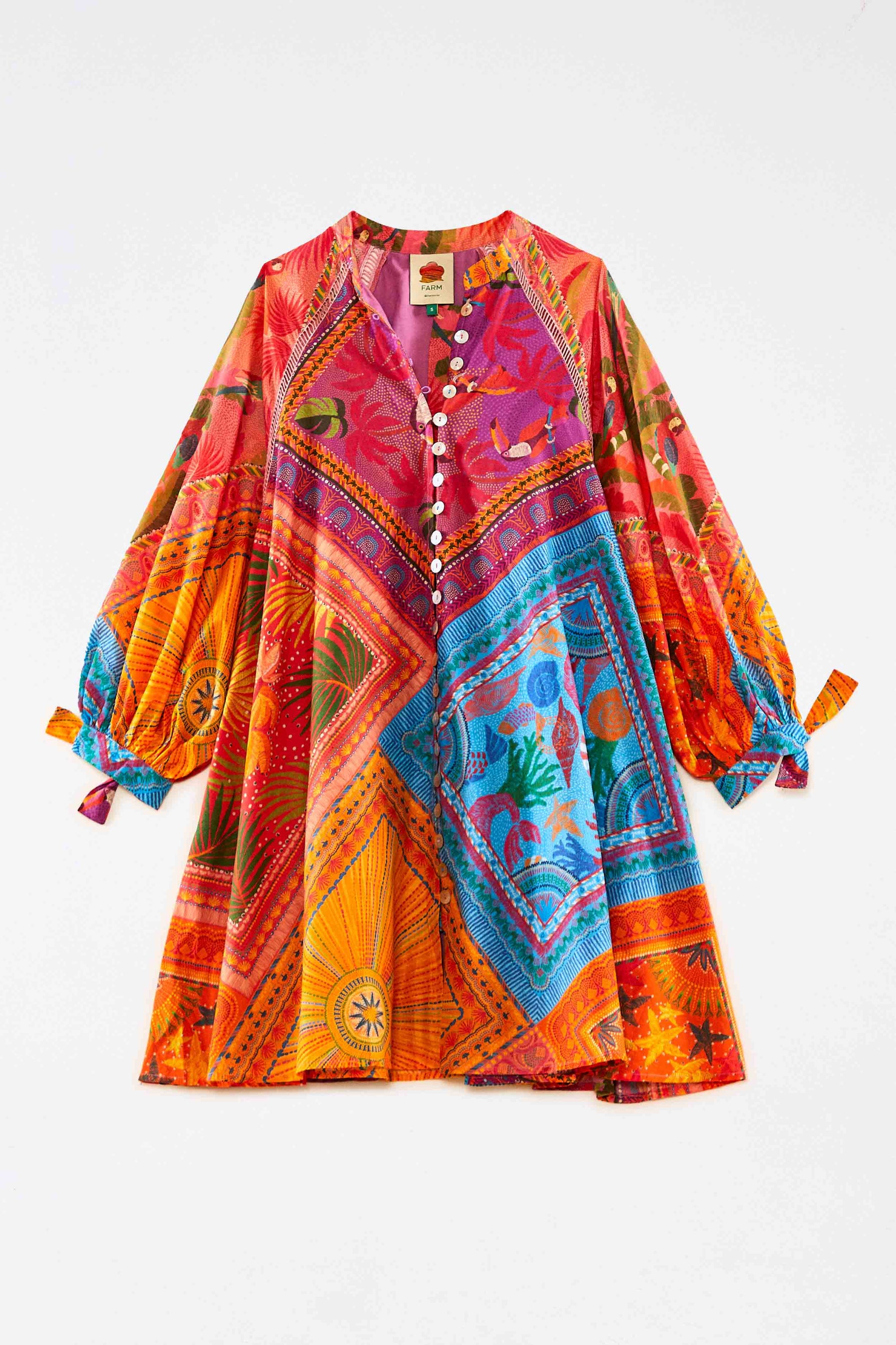 Robe courte boutonnée à manches bouffantes en coton - Multicolore