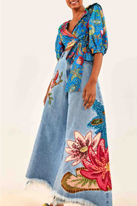 Pantalon en denim brodé - Bleu