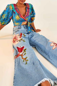 Pantalon en denim brodé - Bleu