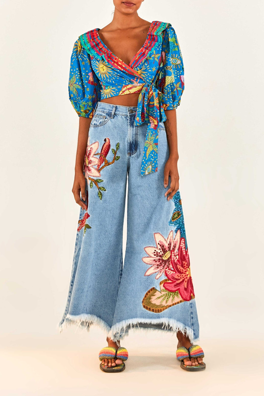 Pantalon en denim brodé - Bleu