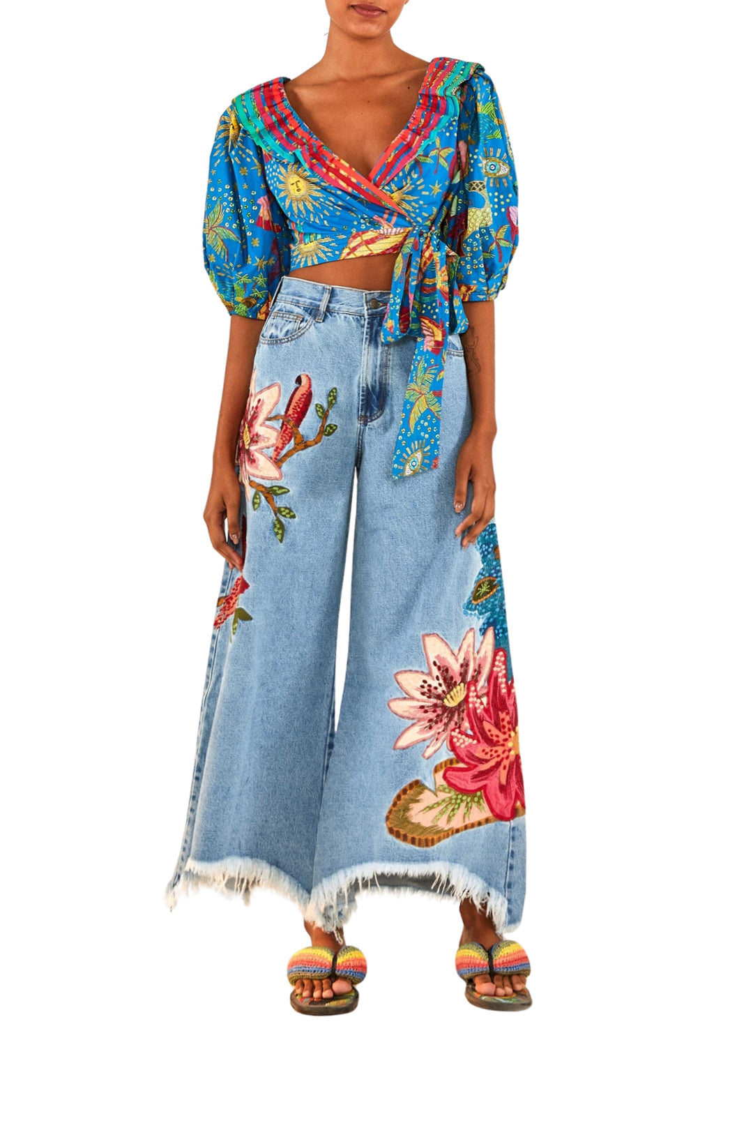 Pantalon en denim brodé - Bleu