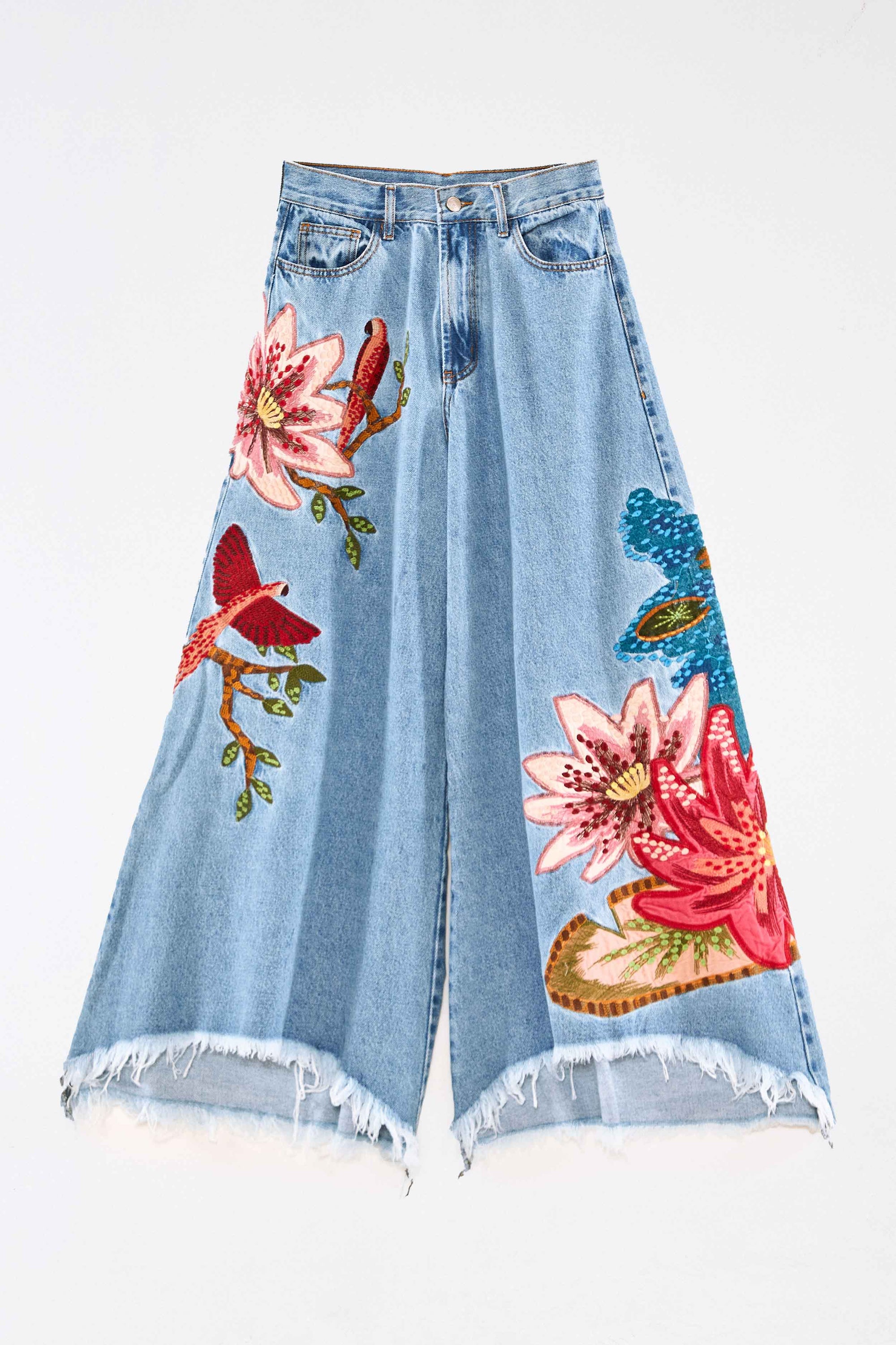 Pantalon en denim brodé - Bleu