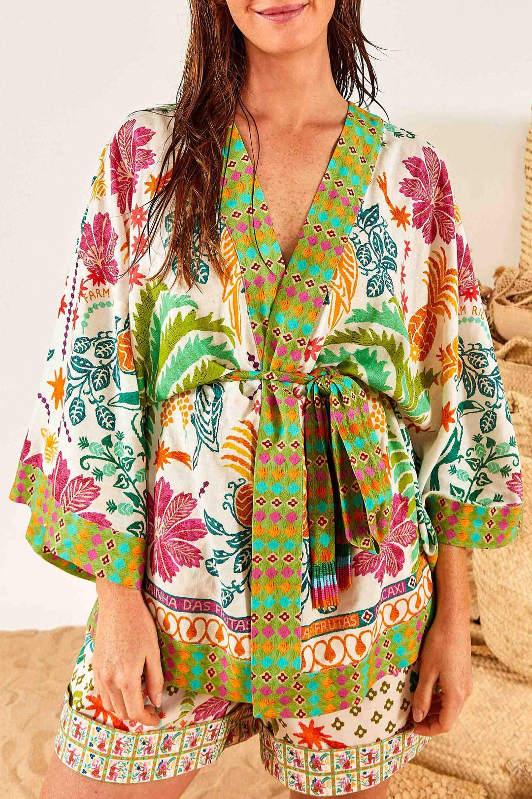 Kimono Fruits Queen en lin - Multicolore