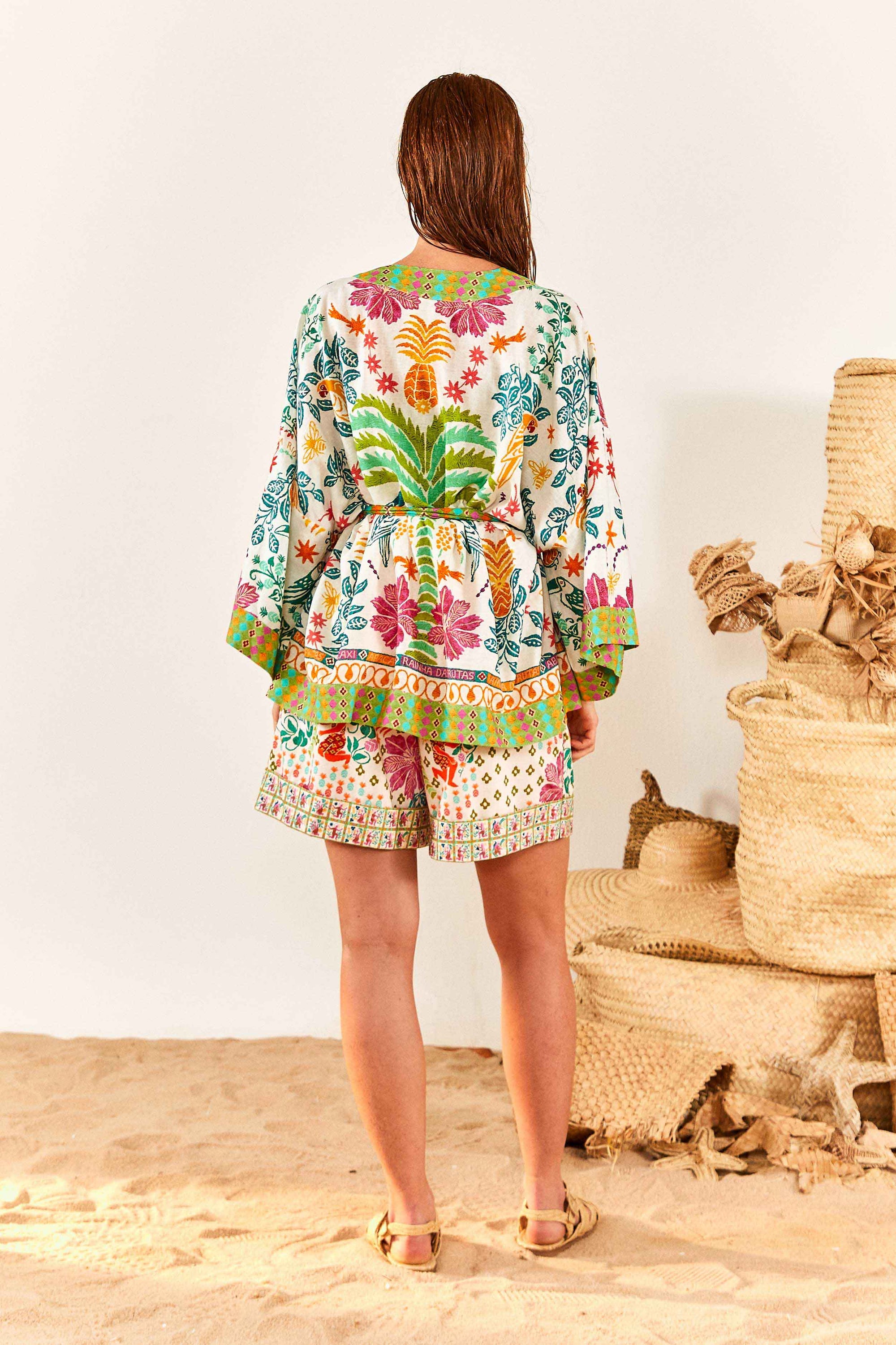 Kimono Fruits Queen en lin - Multicolore