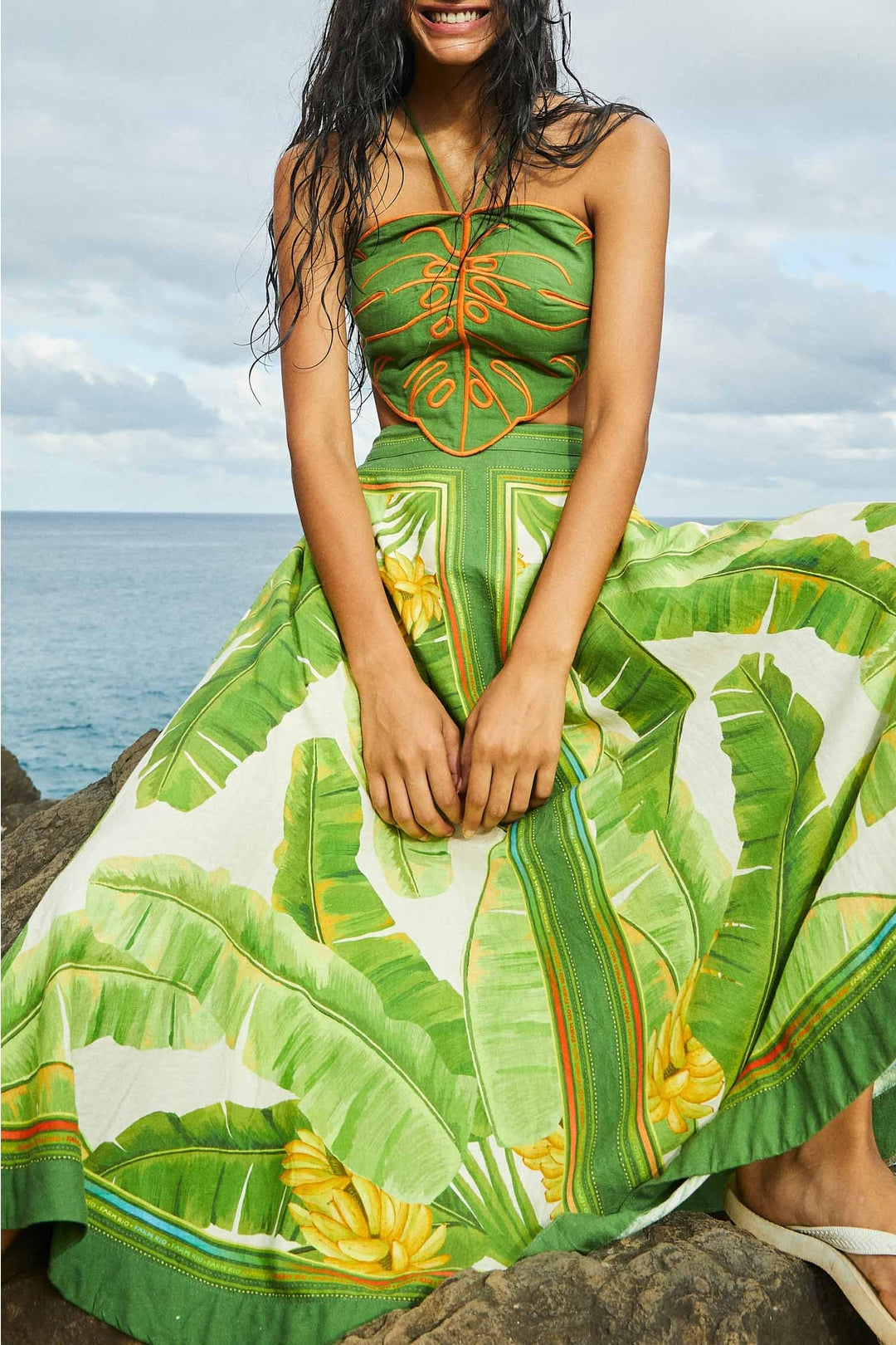 Jupe midi Fresh Forest Scarf en lin - Vert
