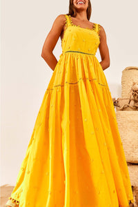 Robe longue à motif fleurs en coton - Jaune