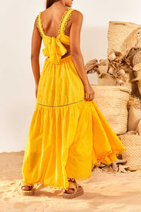Robe longue à motif fleurs en coton - Jaune