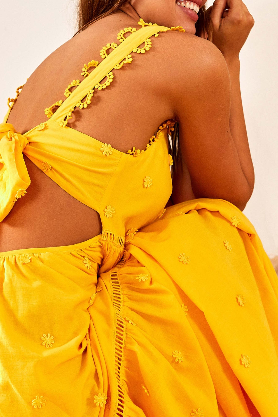 Robe longue à motif fleurs en coton - Jaune