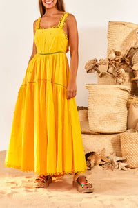 Robe longue à motif fleurs en coton - Jaune