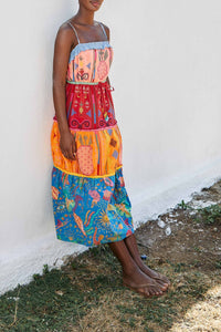 Robe midi brodée Color Block en coton - Multicolore